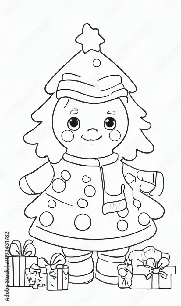 Coloring page with a clean, cartoon-style outline of a Christmas tree on a white background, perfect for kids coloring books.