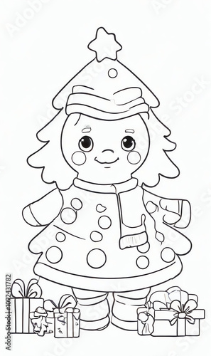 Obraz na płótnie Coloring page with a clean, cartoon-style outline of a Christmas tree on a white background, perfect for kids coloring books. w salonie