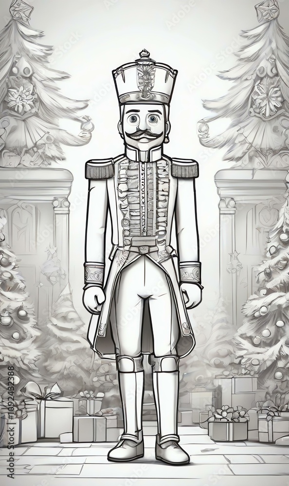 Coloring book page: Christmas-themed Nutcracker in white background, clean line art, skech style, cartoon style, full body outline art, perfect for kids.