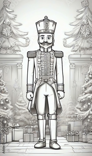 Obraz na płótnie Coloring book page: Christmas-themed Nutcracker in white background, clean line art, skech style, cartoon style, full body outline art, perfect for kids. w salonie