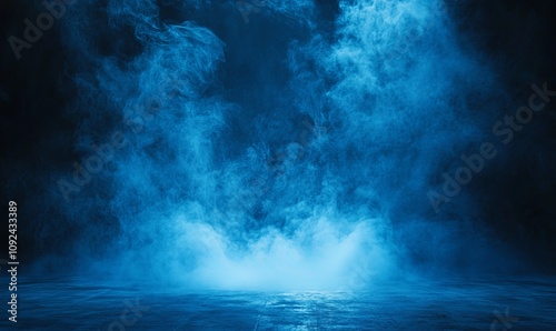 Abstract blue smoke with reflections on a dark background.