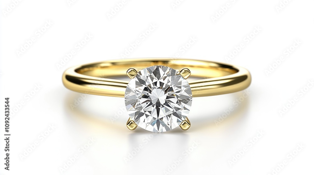 Solitary yellow gold engagement ring featuring a sparkling round diamond set in a classic four-prong mount, displayed elegantly on a pristine white background. Solitary yellow gold engagement ring featuring a sparkling round diamond set in a classic four-prong mount, displayed elegantly on a pristine white background.