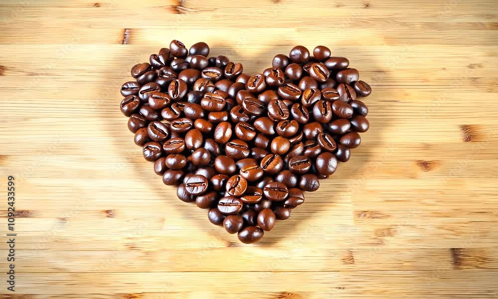 Heart-shaped arrangement of coffee beans on a wooden surface, love for coffee and Valentine’s Day, with ample copy space for romantic or festive design integration Heart-shaped arrangement of coffee beans on a wooden surface, love for coffee and Valentine’s Day, with ample copy space for romantic or festive design integration