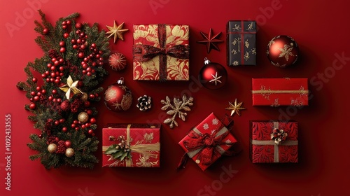 Artisanal gift boxes and elegant tree decorations displayed on a vibrant red background, featuring red and gold ornaments, sparkling stars, snowflakes, and mistletoe berries, creating a festive atmosp photo