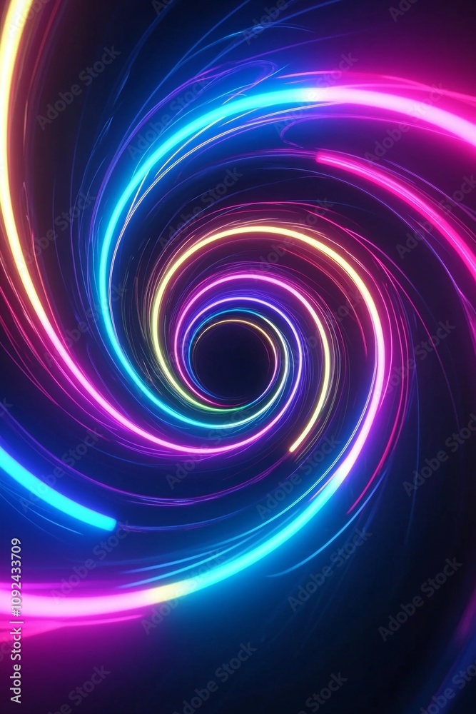 Naklejka premium Abstract Neon Light Spirals on Dark Background: Bright, colorful spirals of neon light set against a black background, perfect for tech or creative themes. 
