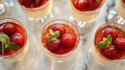 Deliciously arranged glasses of creamy panna cotta dessert featuring vibrant strawberry jam and fresh strawberries, elegantly garnished with mint leaves on a marble surface. photo