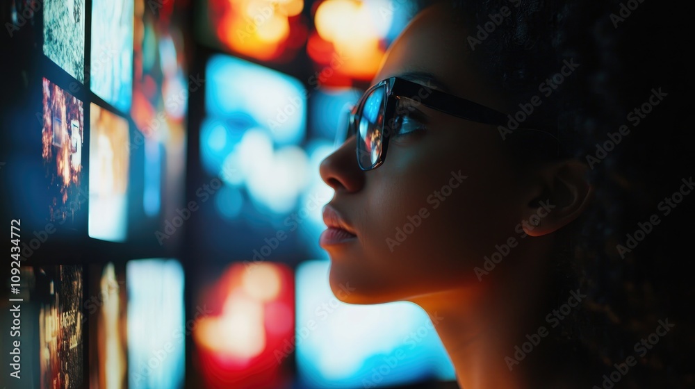 Young female filmmaker in glasses thoughtfully gazes at illuminated filmstrips, surrounded by vibrant digital displays showcasing cinematic visuals. Young female filmmaker in glasses thoughtfully gazes at illuminated filmstrips, surrounded by vibrant digital displays showcasing cinematic visuals.