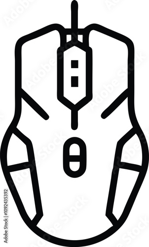 Minimalist Wired Gaming Mouse Outline Icon, Black and white outline icon of a wired gaming mouse with a sleek design, perfect for technology, esports, and PC gaming themes.
