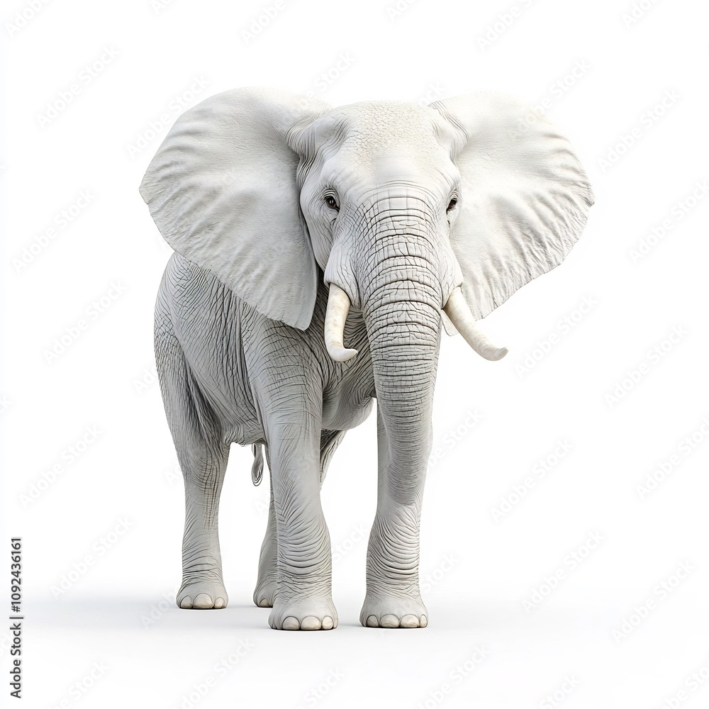 Fototapeta premium Majestic Elephant with Trunk Raised on Open Plains Against White Background