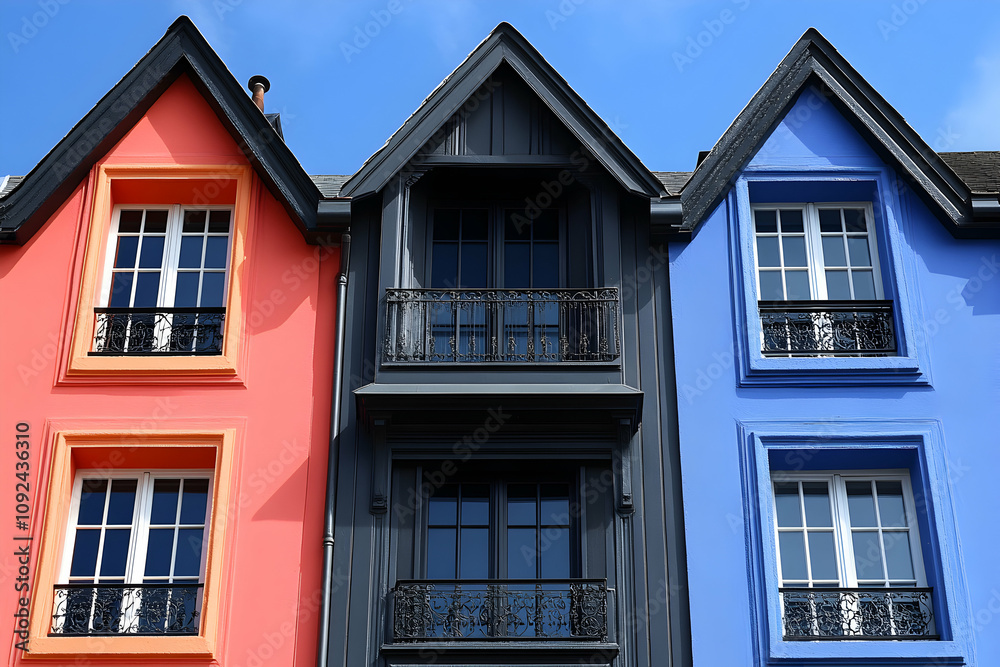Fototapeta premium Three Colorful Houses with Black Accents and Iron Balconies under a Blue Sky