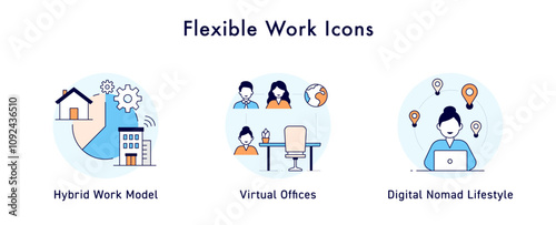 Flexible Work Icons: Icons Included: Digital Nomad Lifestyle, Hybrid Work Model, Virtual Offices