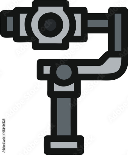 Camera Gimbal Icon in Flat Design, Flat design illustration of a camera mounted on a gimbal stabilizer, ideal for videography, filmmaking, and photography themes.
