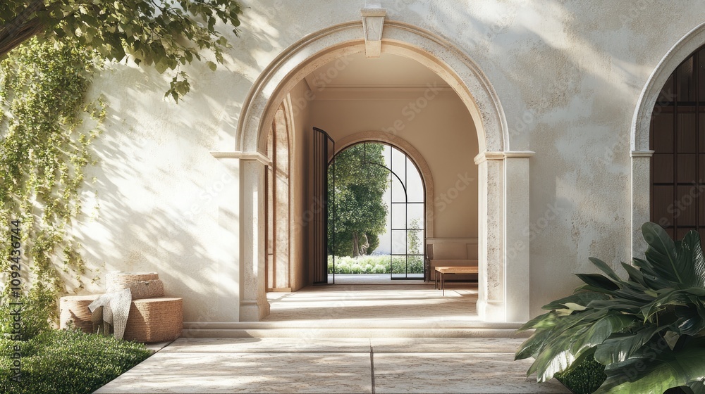 Elegantly designed architectural archway featuring intricate white stone details, illuminated by natural light, leading into a serene outdoor space with lush greenery and modern furnishings. Elegantly designed architectural archway featuring intricate white stone details, illuminated by natural light, leading into a serene outdoor space with lush greenery and modern furnishings.