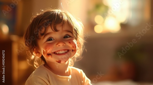 A joyful young child with a chocolate-stained face and clothes beams a bright smile in a warmly lit room, capturing a heartwarming and delightful moment of pure happiness.