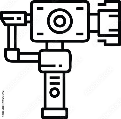 Camera Gimbal Stabilizer Outline Icon, Black and white outline icon of a camera mounted on a gimbal stabilizer, perfect for videography, filmmaking, and photography themes.
