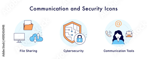 Communication and Security Icons: Icons Included: Communication Tools, Cybersecurity, File Sharing