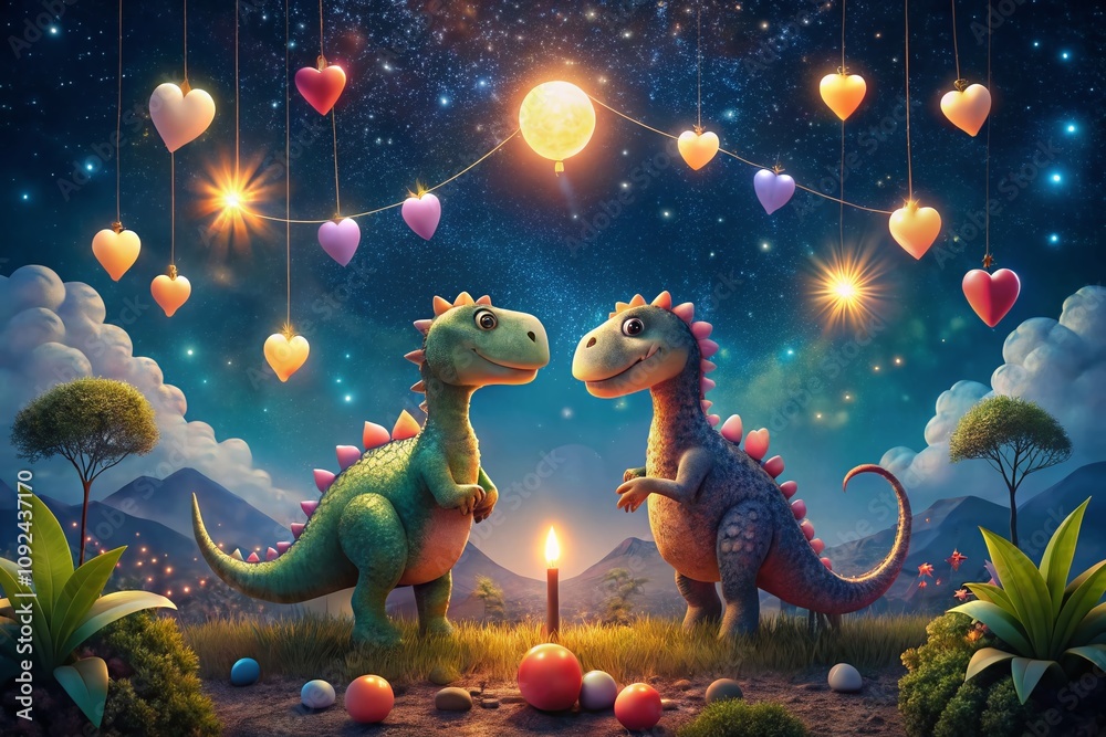 Obraz premium Enchanting Night Photography of Valentine's Dinosaurs Celebrating Love Under a Starry Sky with Heart-Shaped Balloons and Twinkling Lights