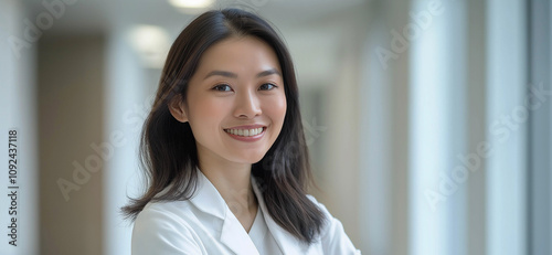 Free Download A close-up of an Asian female doctor in professional attire stands against a blurred hospital corridor on the left. Medicine concept. Advertising banner. - GFXLoad