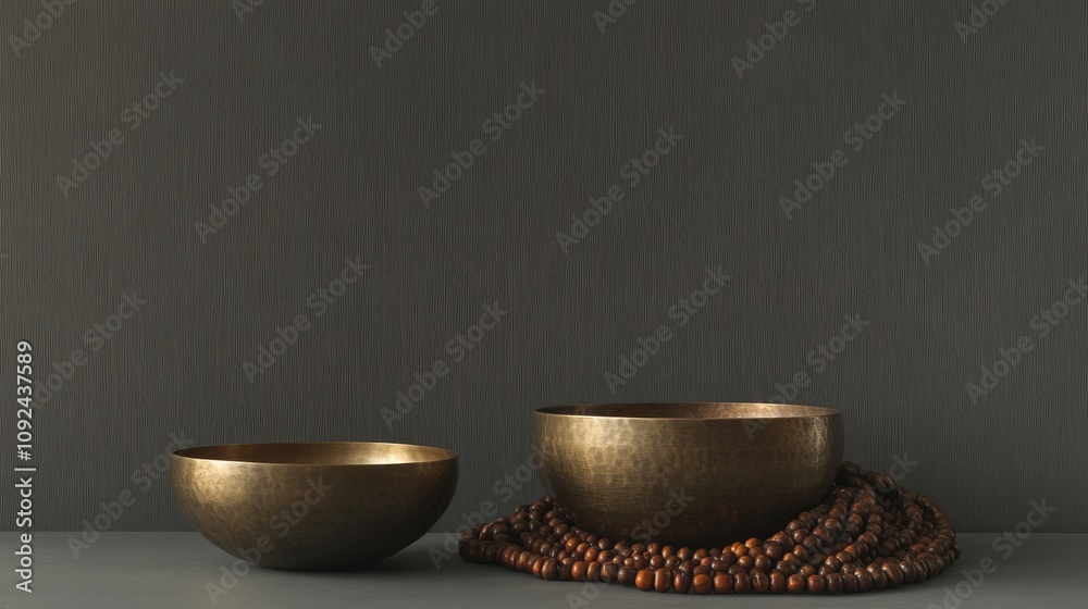 Tibetan and Himalayan singing bowls surrounded by wooden rosary beads, creating a serene atmosphere for relaxation and meditation, set against a soft gray studio backdrop. Tibetan and Himalayan singing bowls surrounded by wooden rosary beads, creating a serene atmosphere for relaxation and meditation, set against a soft gray studio backdrop.