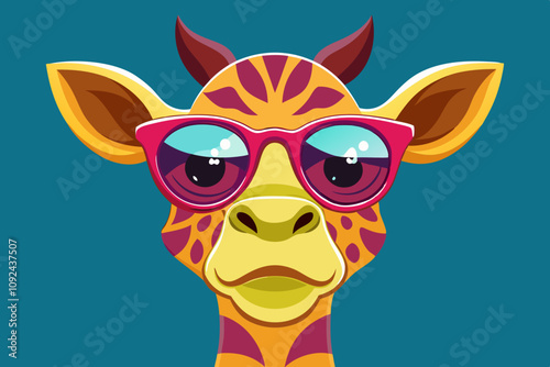 Beautiful head of a giraffe wear a sunglass angry face vector illustration  photo