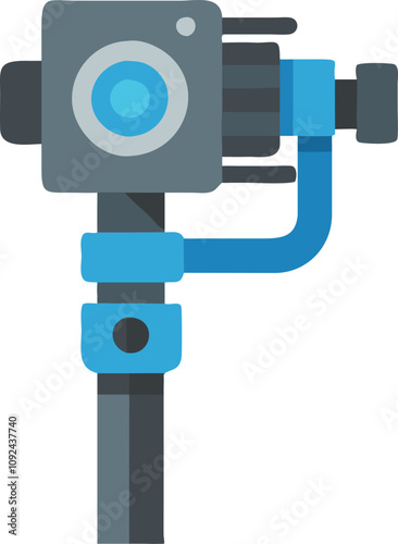 Camera Gimbal Icon in Flat Design, Flat design illustration of a camera mounted on a gimbal stabilizer, ideal for videography, filmmaking, and photography themes.
