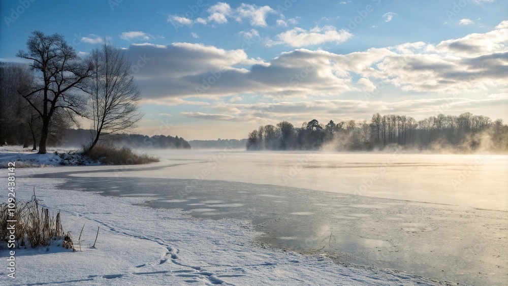 Frozen pond on a winter morning with mist rising from the water, ice, morning, reflective, mist, frozen Frozen pond on a winter morning with mist rising from the water, ice, morning, reflective, mist, frozen