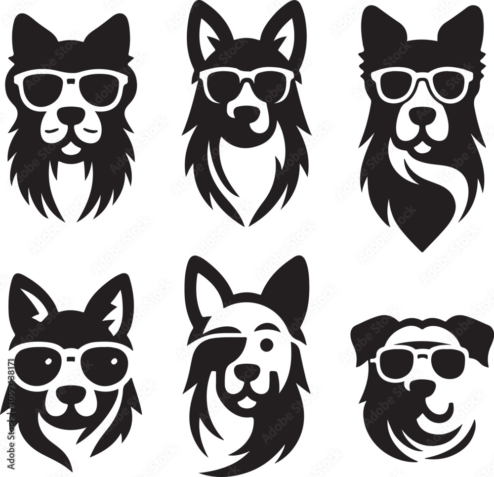 Fototapeta premium Set of dog with sunglass silhouette design icon logo illustration isolated on white background