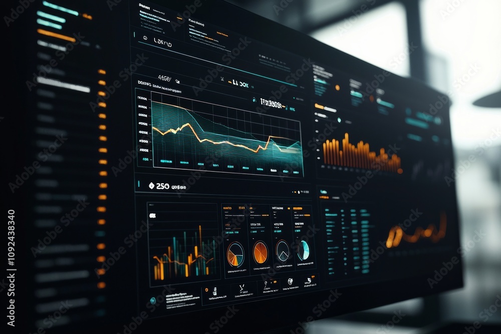 Dark Mode Dashboard with Data Insights: A sleek, dark-themed digital dashboard with charts, graphs, and analytics, perfect for business and tech presentations. Dark Mode Dashboard with Data Insights: A sleek, dark-themed digital dashboard with charts, graphs, and analytics, perfect for business and tech presentations.