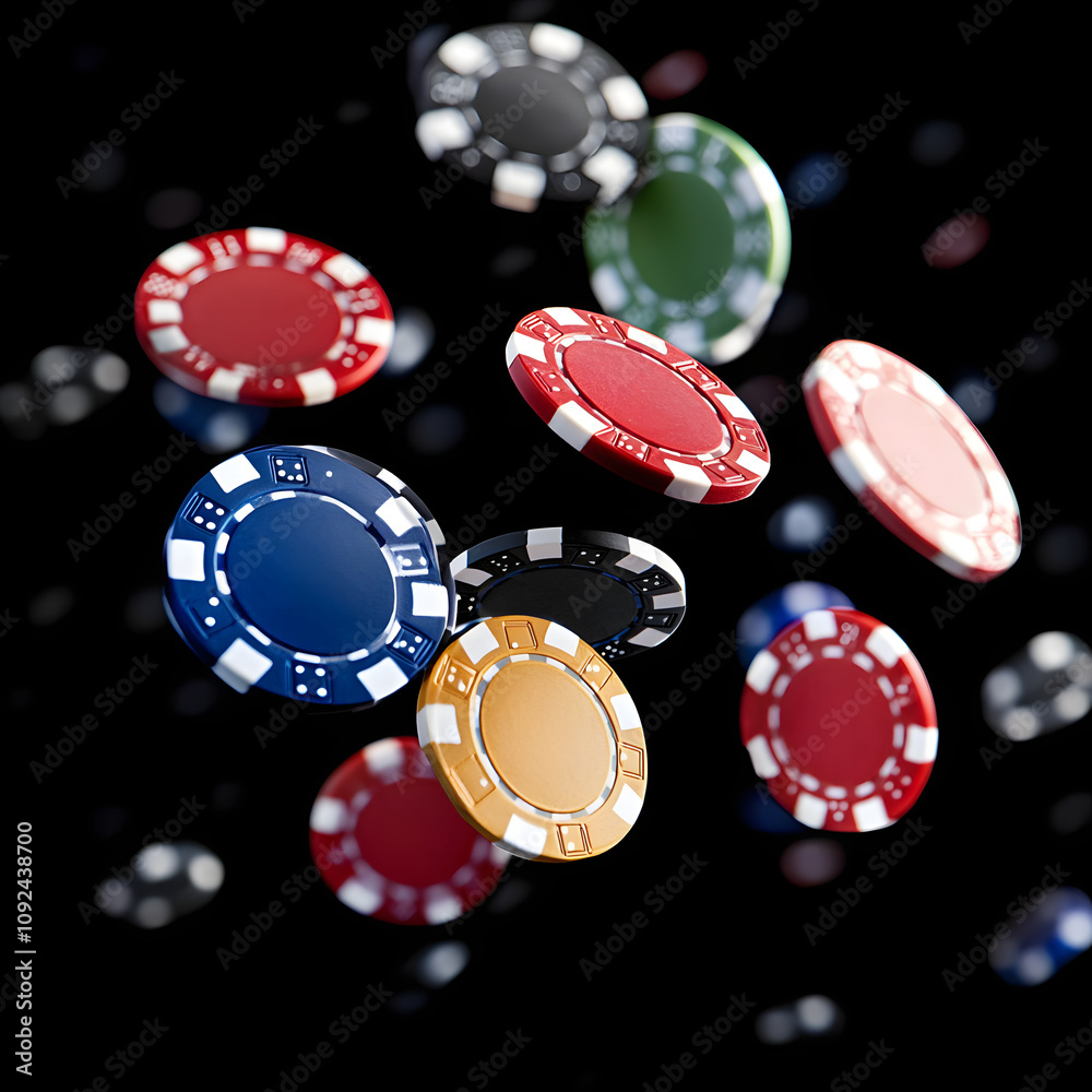 Colorful casino chips falling in the air, cut out