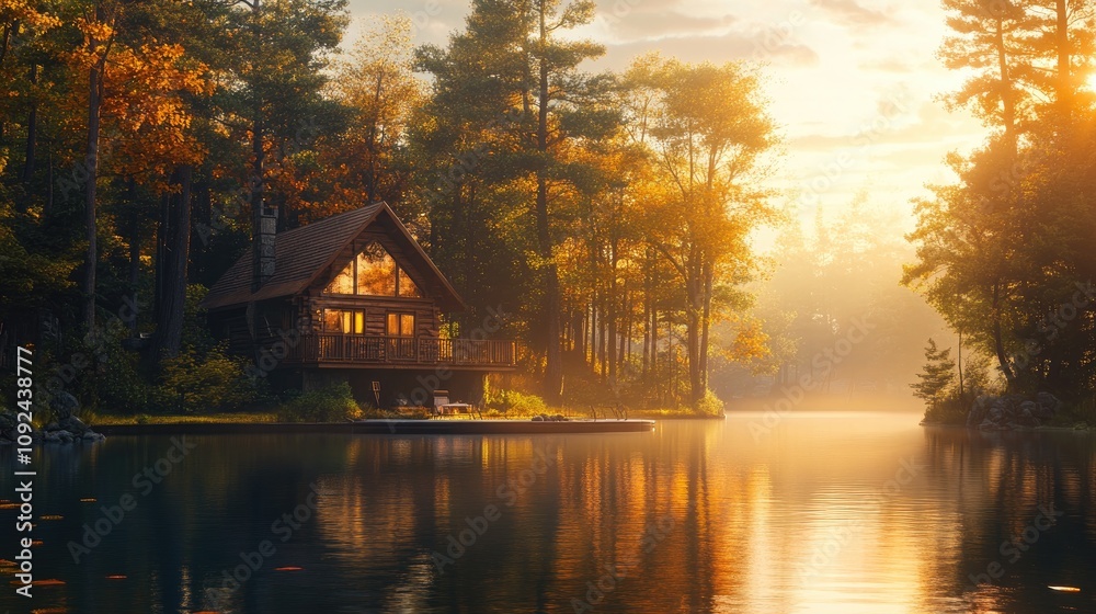 3D rendering of a serene lakeside forest home enveloped by lush trees, depicting a tranquil bungalow scene illuminated by the warm hues of dawn and reflecting in still waters. 3D rendering of a serene lakeside forest home enveloped by lush trees, depicting a tranquil bungalow scene illuminated by the warm hues of dawn and reflecting in still waters.