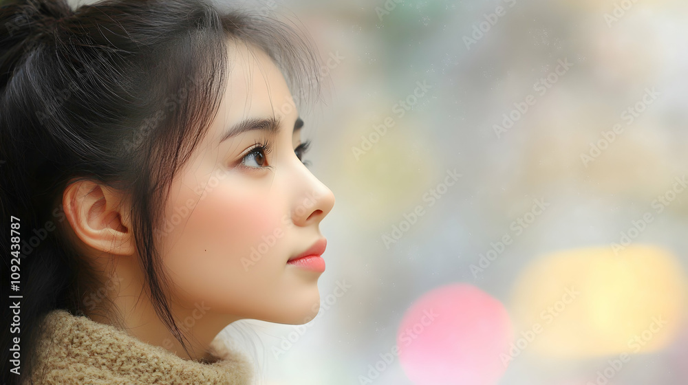 Portrait of a Young Woman with Soft Makeup, Gazing Pensively into the Distance Against a Dreamy, Blurred Background Portrait of a Young Woman with Soft Makeup, Gazing Pensively into the Distance Against a Dreamy, Blurred Background