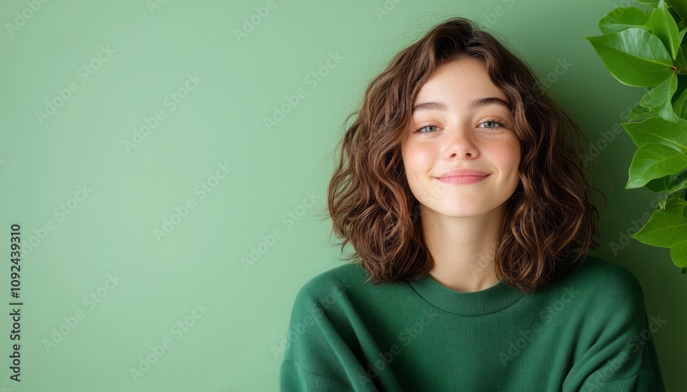 Obraz premium Smiling young woman with curly hair poses in front of a green backdrop in a cozy setting
