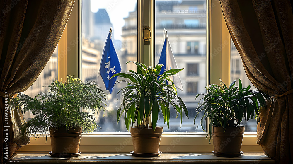 Naklejka premium Three potted plants sit on a windowsill, sunlight illuminating their leaves, overlooking a city view with flags displayed.