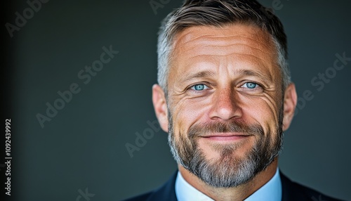 Professional man with beard smiling confidently during a business meeting setting photo