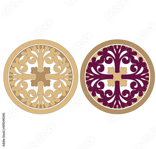 ANCIENT ROMAN AND GREEK COIN SYMBOL WITH ROUND GOLD DECORATIONS