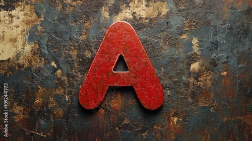 A vibrant red letter A on a textured, weathered backdrop, resembling a playing card design, emphasizing the bold heart symbolism and artistic surface details. photo