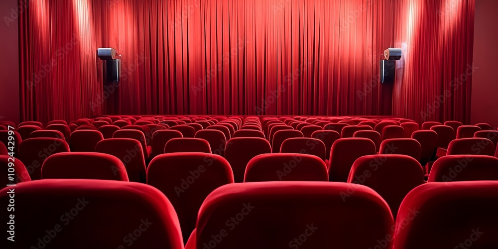 Fototapeta premium Empty movie theater seats with red velvet curtains.
