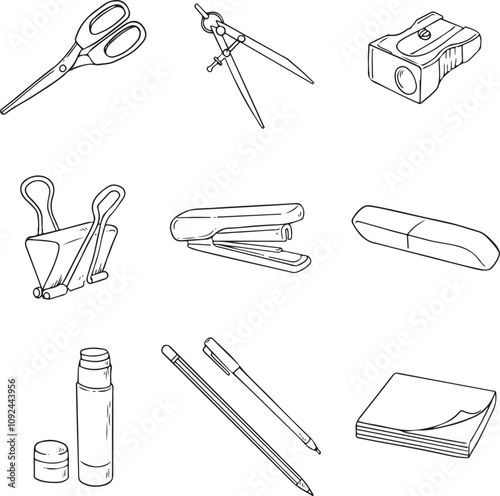 sketches office supplies. black line on white background vector illustration. vector set