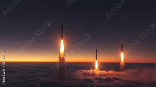 Intercontinental ballistic missile ascending from Chinese submarines, piercing the atmosphere and heading for Japan. Dusk with a starry sky beginning to appear.