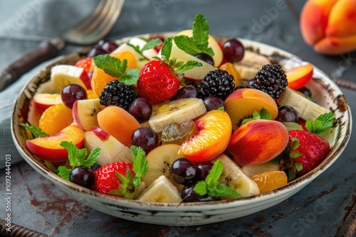 A vibrant mix of fresh fruits, including strawberries, peaches, bananas, and blackberries, makes a delightful and healthy summer salad.