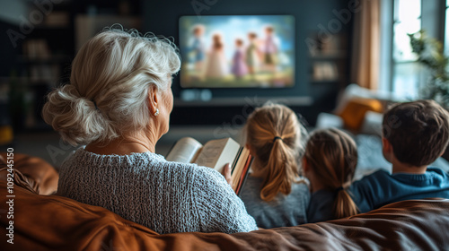 Wallpaper Mural Grandmother reading while grandchildren watching tv at home Torontodigital.ca
