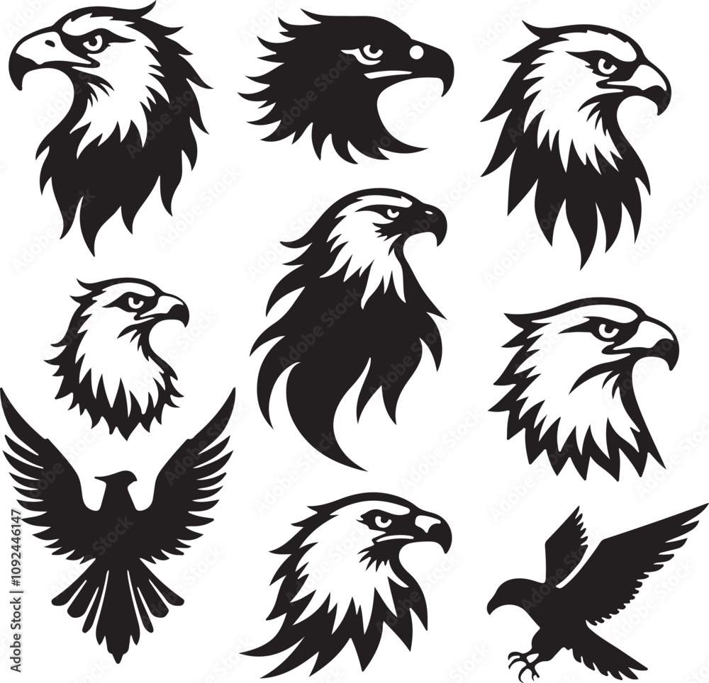 Fototapeta premium Black Eagle silhouette design icon logo vector set illustration isolated on white background