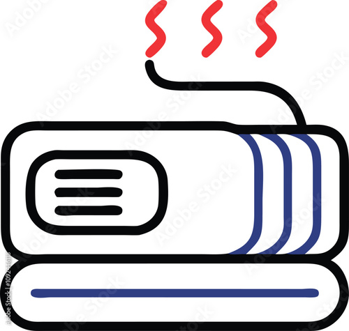 Vector illustration of a red electric heating pad emitting steam, showcasing a wavy grid design for heat distribution.