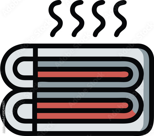 Vector illustration of a red electric heating pad emitting steam, showcasing a wavy grid design for heat distribution.