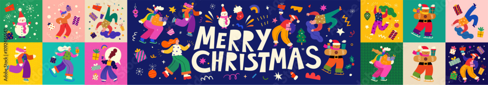 Naklejka premium Big Christmas banner. Merry Christmas design. Advent Christmas calendar. Merry Christmas holiday elements. Christmas decorative collection with fun people, Santa Claus, Snowman. Christmas gifts.