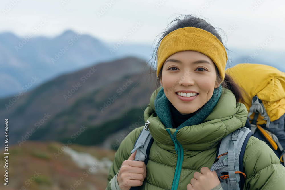 A female climber of Asian appearance stands against the backdrop of mountains. Mountain sport, mountaineering concept. Advertising banner. A female climber of Asian appearance stands against the backdrop of mountains. Mountain sport, mountaineering concept. Advertising banner.