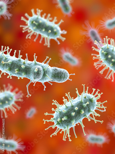 Digital illustration of bacteria Neisseria gonorrhoeae or Neisseria meningitidis, gonococcus and meningococcus on colorful background; closeup view photo