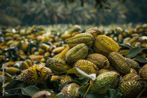 A pile of spiky, greenishyellow fruits rests on lush green leaves, a vibrant natural scene. photo