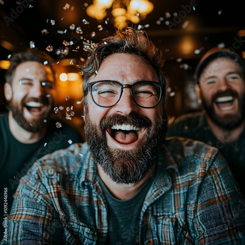 Friends sharing laughter and joy in a cozy setting photo