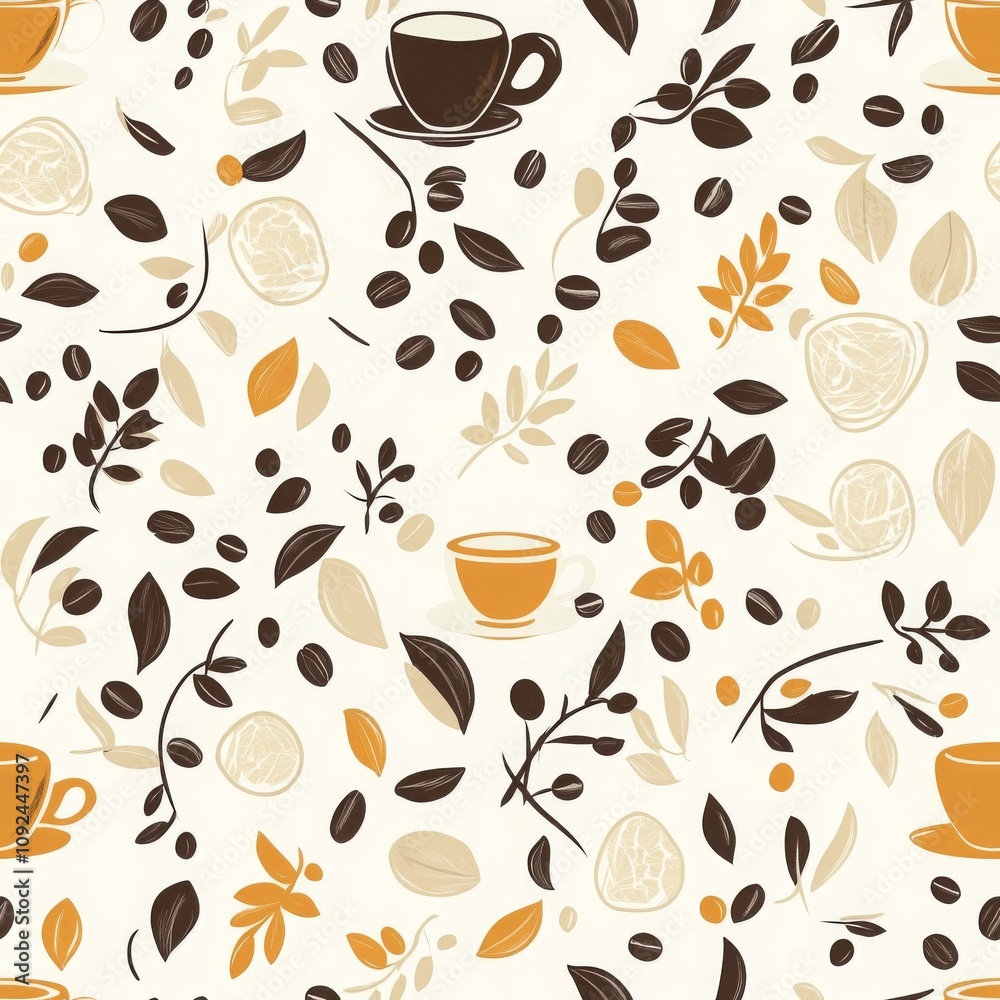 Fototapeta premium Colorful Coffee and Tea Pattern with Cups and Beans